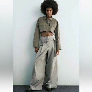 Zara fav  blogger Tan kaki Wide-Leg Pants high waisted M NWT